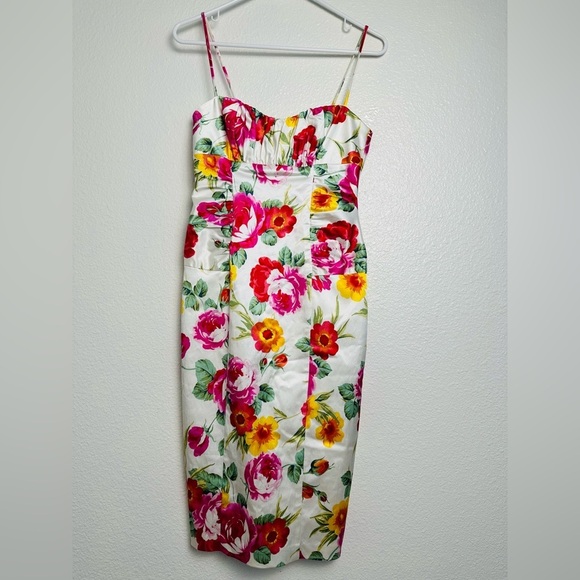 David Meister Satin Floral Spaghetti Strap Bodycon Rusched Mini Dress Size 2 - Picture 1 of 7